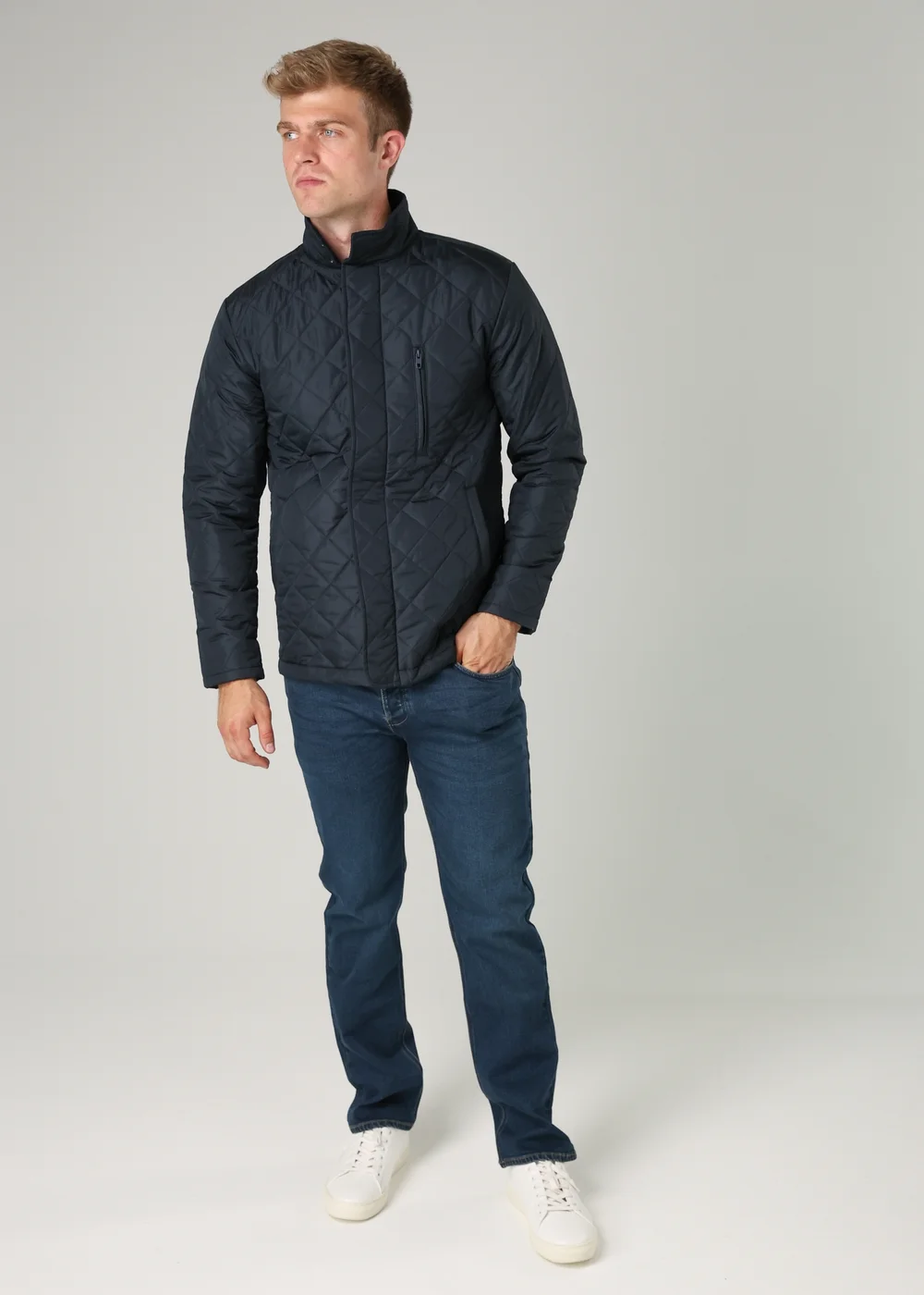 French Connection Navy Funnel Neck Diamond Quilted Jacket - S Image 1