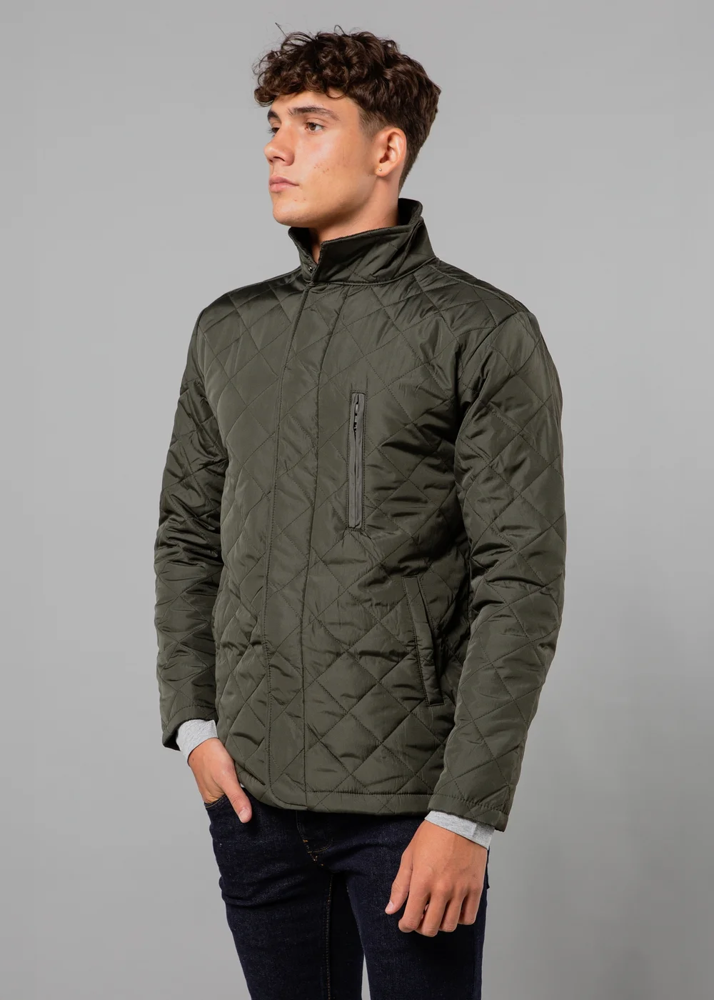 French Connection Khaki Funnel Neck Diamond Quilted Jacket - S Image 1