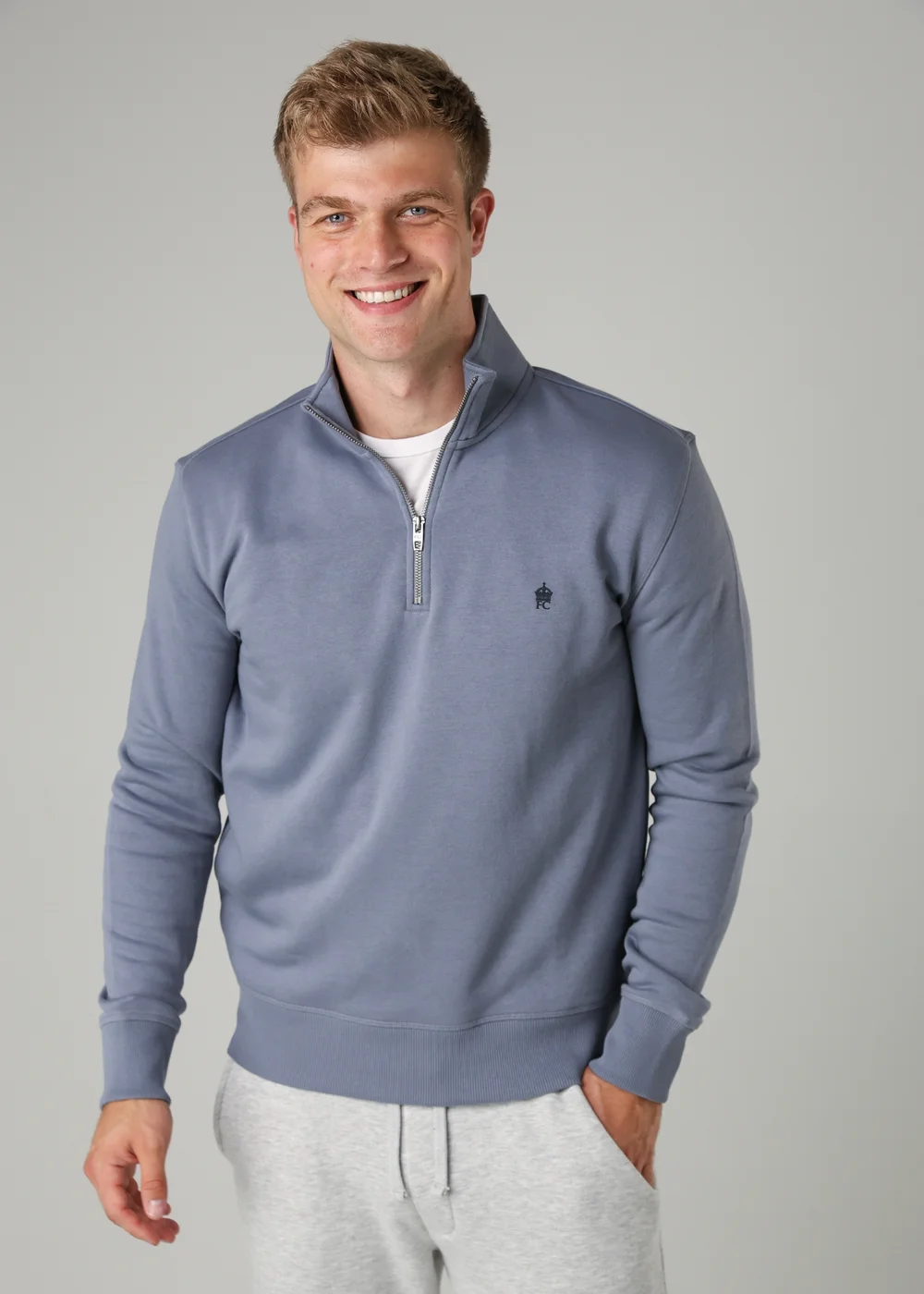 French Connection Light Blue Cotton Blend Half-Zip Jumper - S Image 1