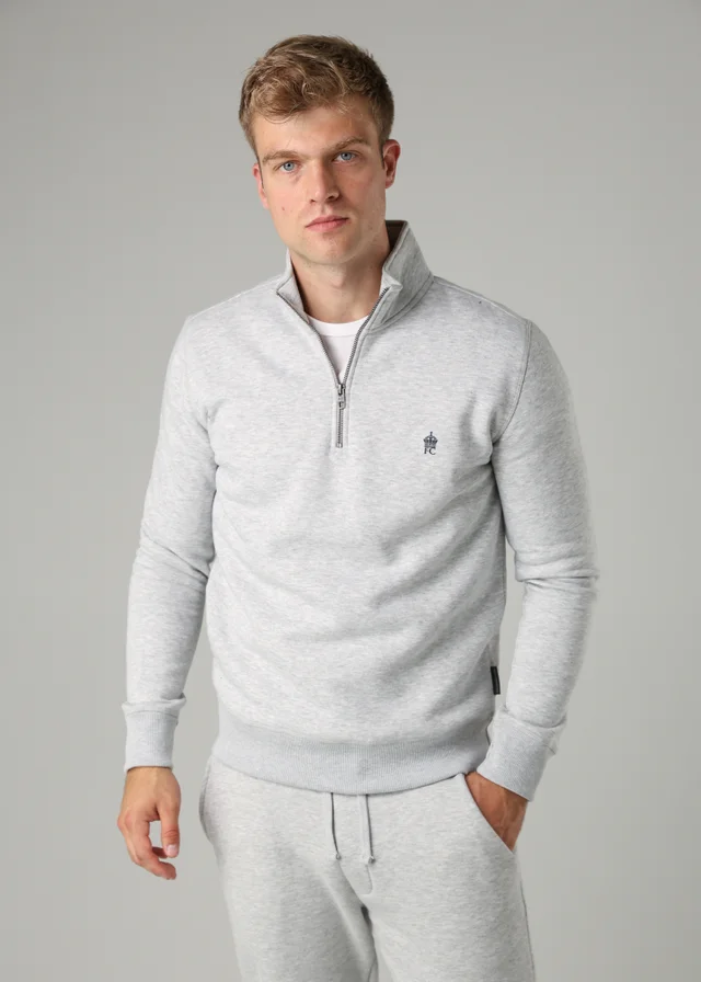 French Connection Light Grey Cotton Blend Half-Zip Jumper