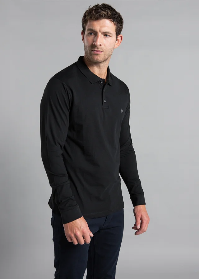 French Connection Black 2 Pack Cotton Long Sleeve Polo Shirts