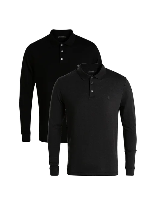 French Connection Black 2 Pack Cotton Long Sleeve Polo Shirts - S Image 1