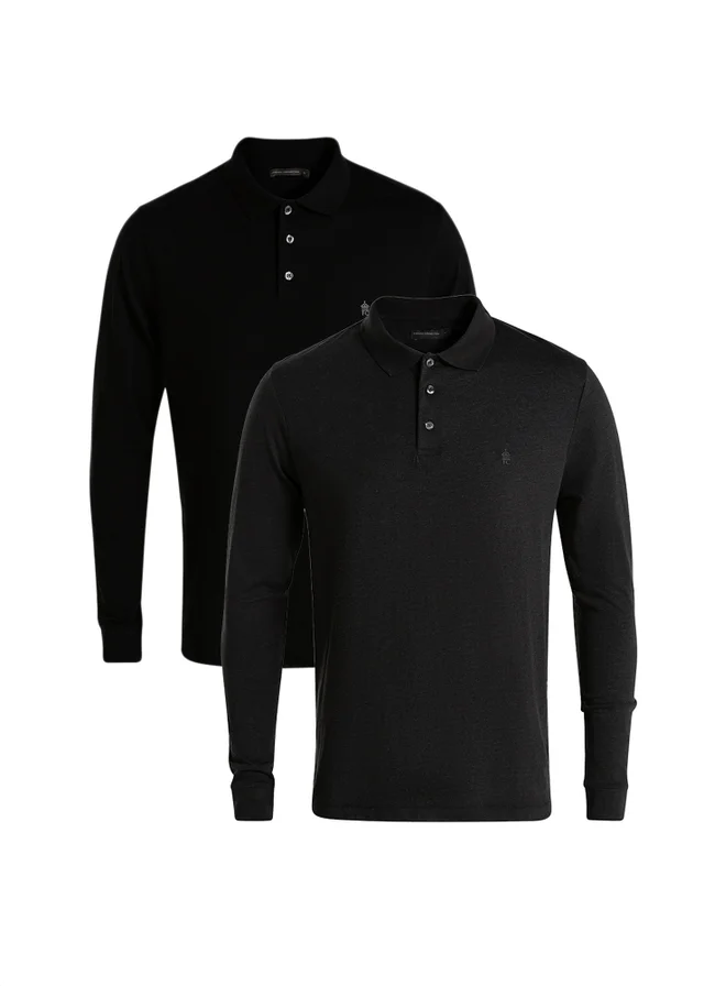French Connection Black 2 Pack Cotton Long Sleeve Polo Shirts