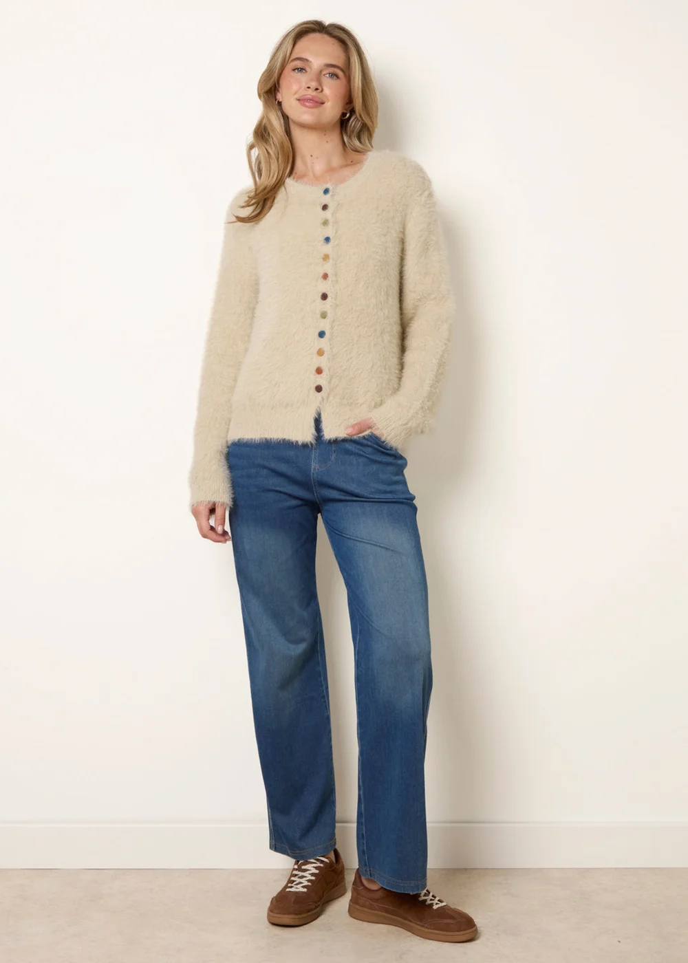 Blue Vanilla Beige Cardigan With Multicolour Button - M/L Image 2
