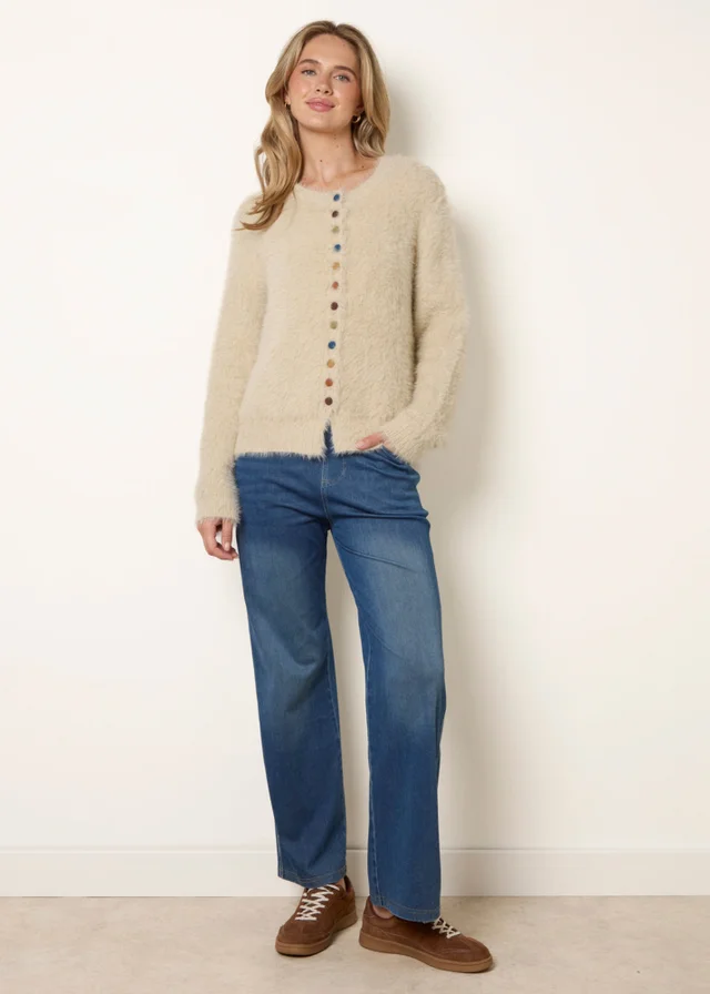 Blue Vanilla Beige Cardigan With Multicolour Button