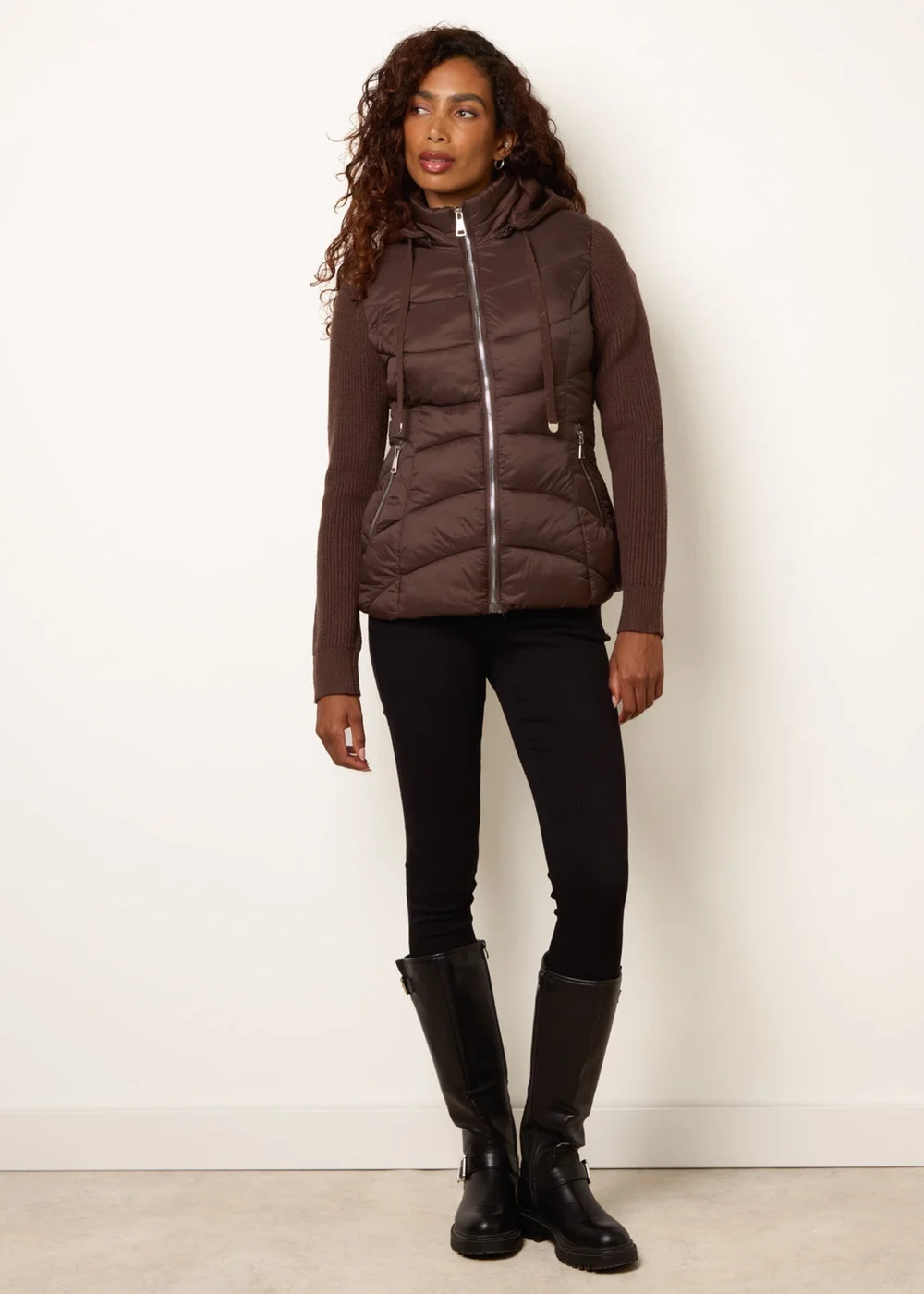 Blue Vanilla Brown Knitted Sleeve Puffer Jacket - S Image 3