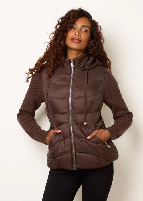Blue Vanilla Brown Knitted Sleeve Puffer Jacket - S Image 1