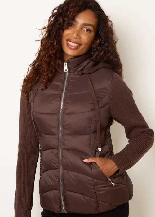 Blue Vanilla Brown Knitted Sleeve Puffer Jacket - S Image 2