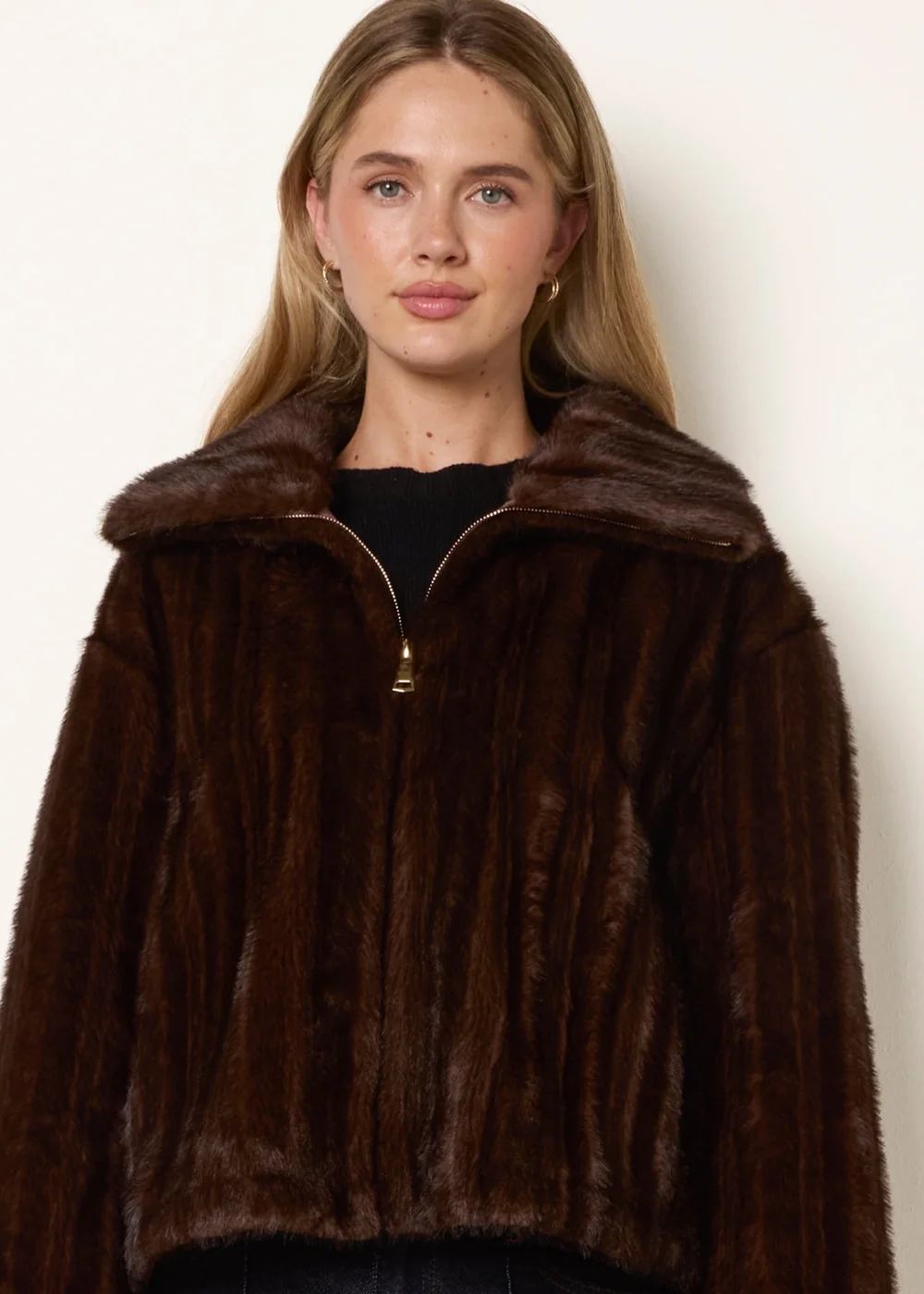 Blue Vanilla Brown Textured Faux Fur Coat - S Image 2
