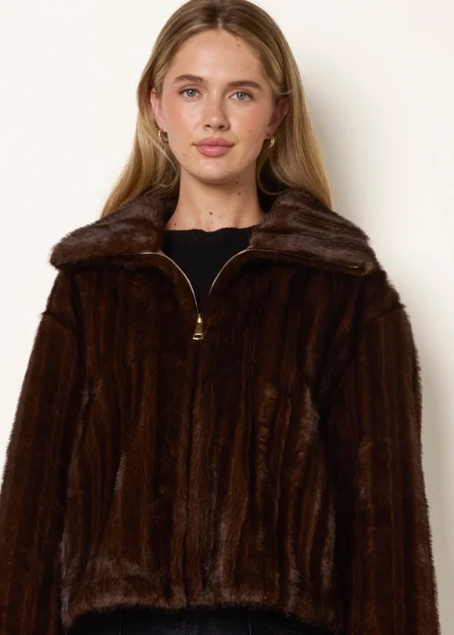 Blue Vanilla Brown Textured Faux Fur Coat - S Image 2