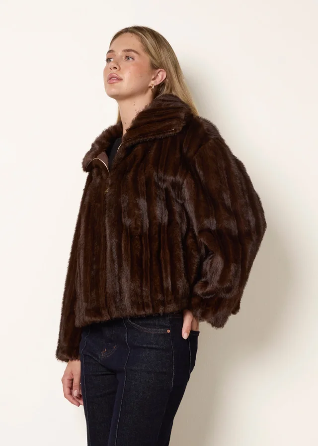 Blue Vanilla Brown Textured Faux Fur Coat