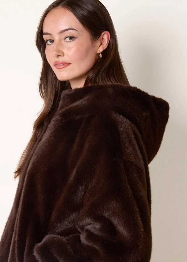 Blue Vanilla Brown Hooded Faux Fur Coat