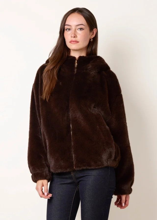 Blue Vanilla Brown Hooded Faux Fur Coat