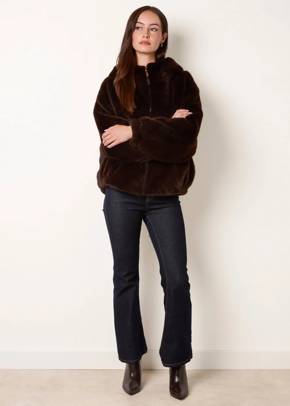 Blue Vanilla Brown Hooded Faux Fur Coat - One Size Image 3