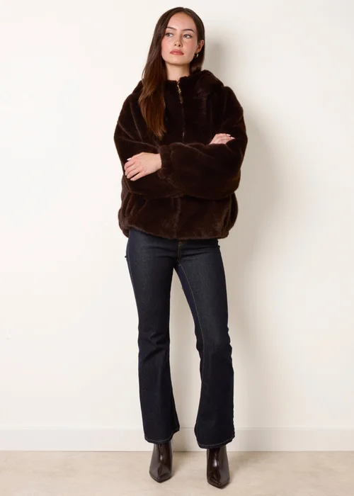 Blue Vanilla Brown Hooded Faux Fur Coat - One Size Image 3