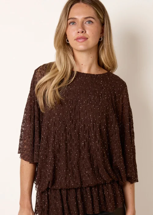 Blue Vanilla Brown Lace Rhinestone Batwing Top - M/L Image 2