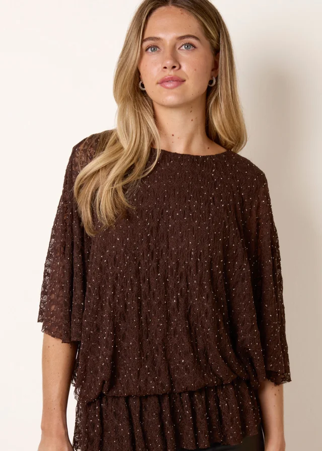 Blue Vanilla Brown Lace Rhinestone Batwing Top