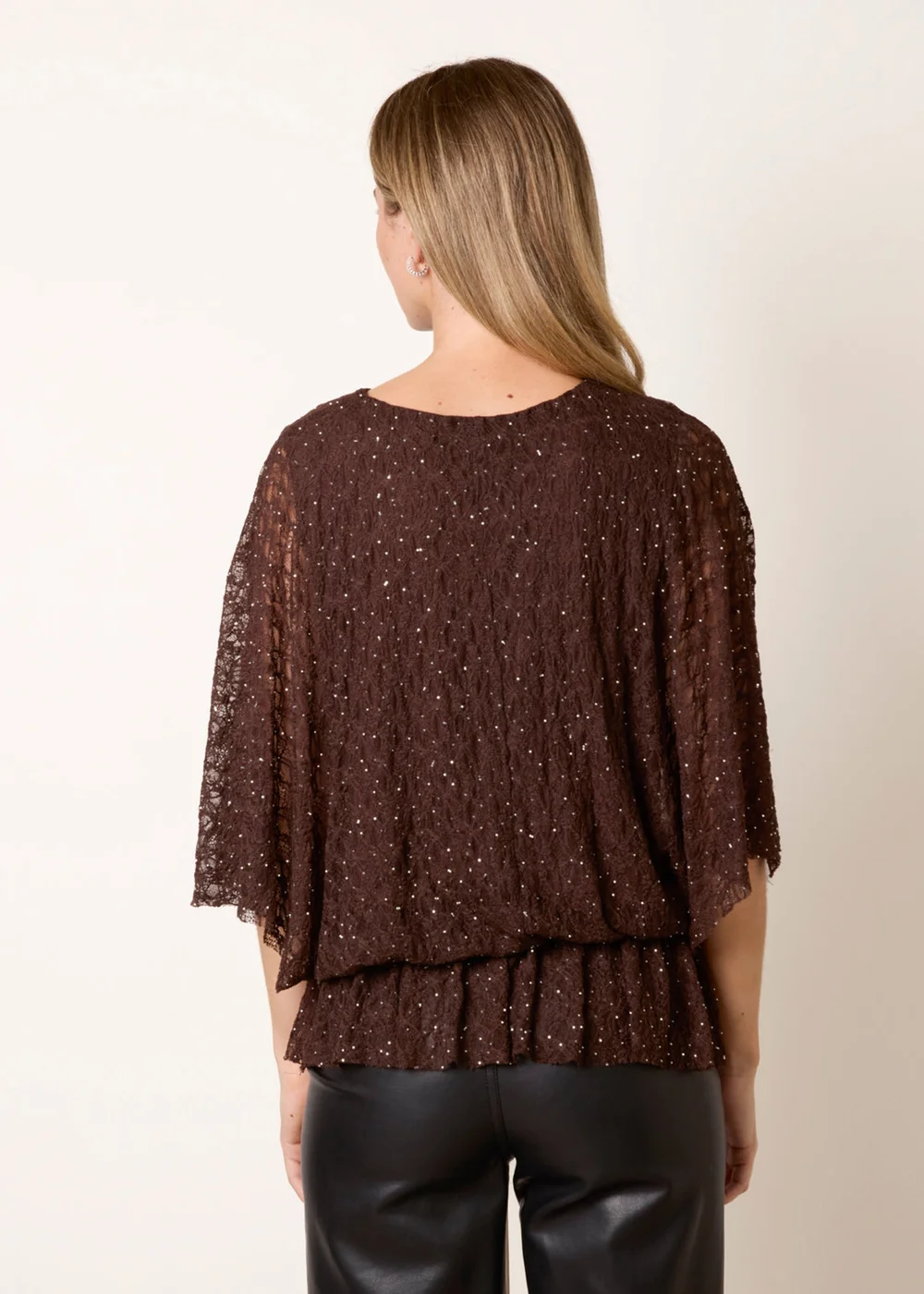 Blue Vanilla Brown Lace Rhinestone Batwing Top - M/L Image 4
