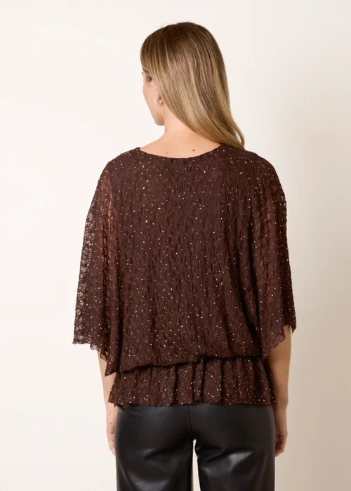 Blue Vanilla Brown Lace Rhinestone Batwing Top - M/L Image 4