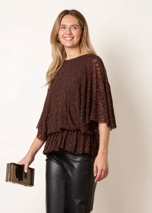 Blue Vanilla Brown Lace Rhinestone Batwing Top
