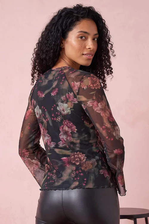 Roman Wine Floral Print Mesh Top - 14 Image 3