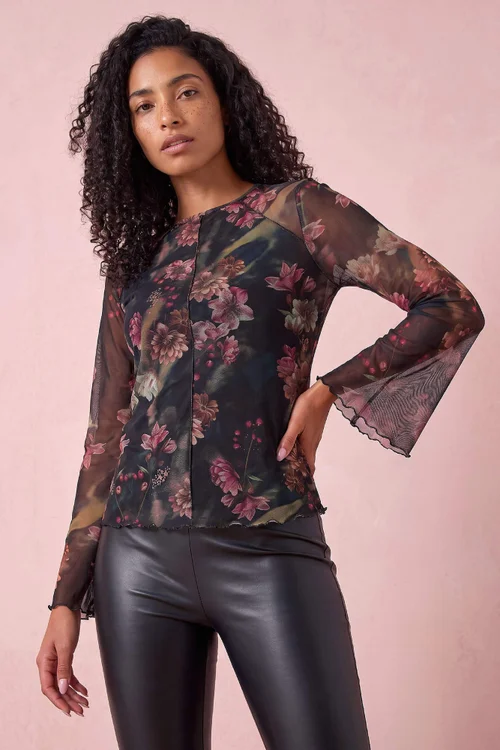 Roman Wine Floral Print Mesh Top - 14 Image 1
