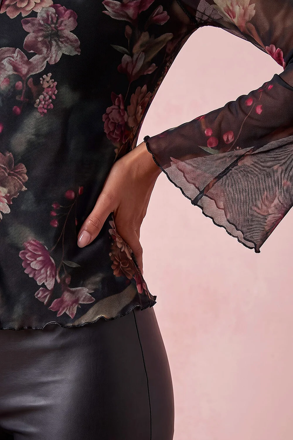 Roman Wine Floral Print Mesh Top - 14 Image 4