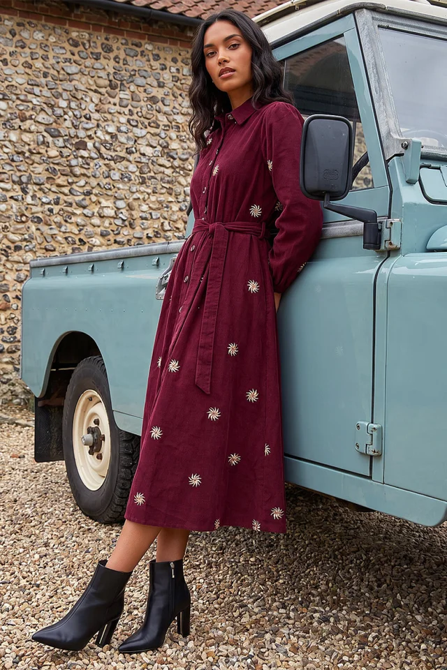 Roman Wine Embroidered Cord Button Midi Dress