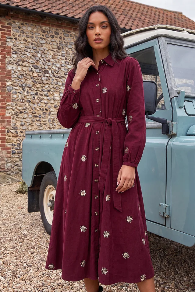 Roman Wine Embroidered Cord Button Midi Dress
