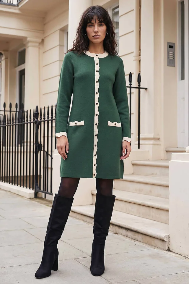 Roman Green Scalloped Button Through Knit Dress