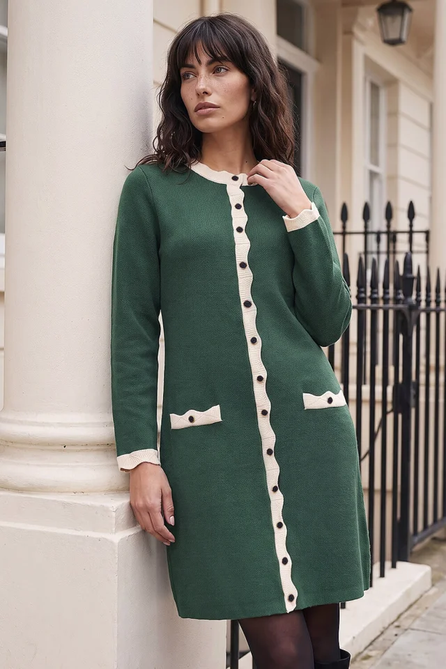 Roman Green Scalloped Button Through Knit Dress