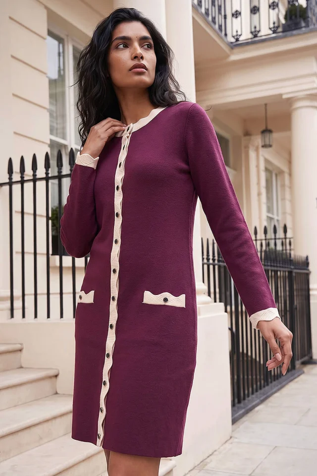 Roman Purple Scalloped Button Through Knit Dress