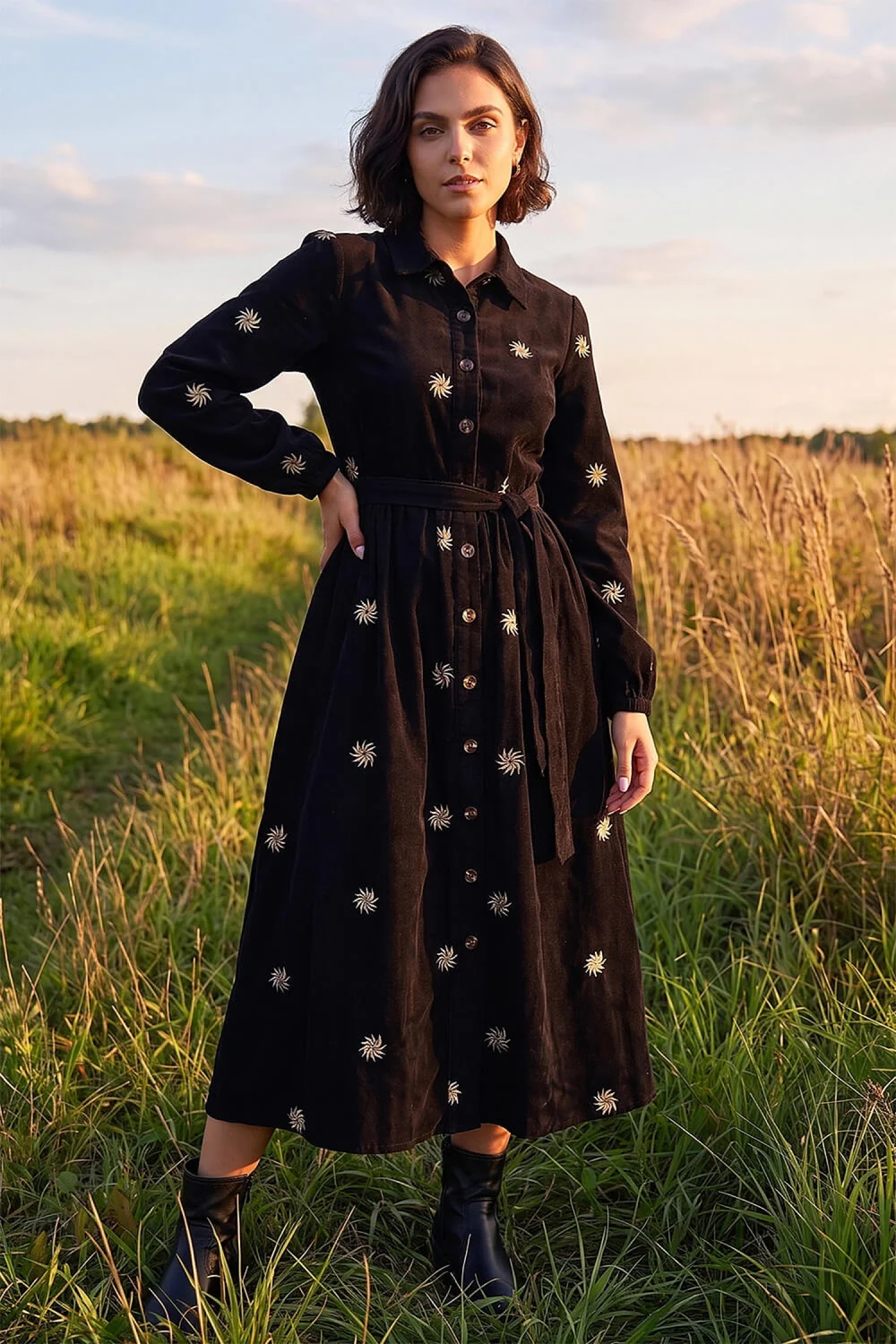 Roman Black Embroidered Cord Button Midi Dress - 18 Image 2