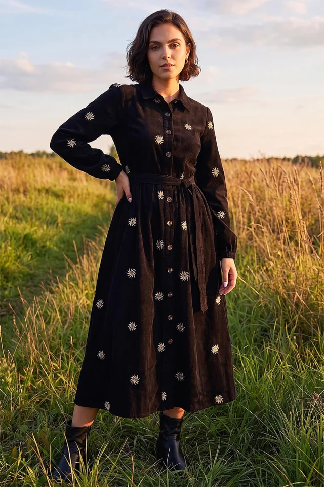 Roman Black Embroidered Cord Button Midi Dress