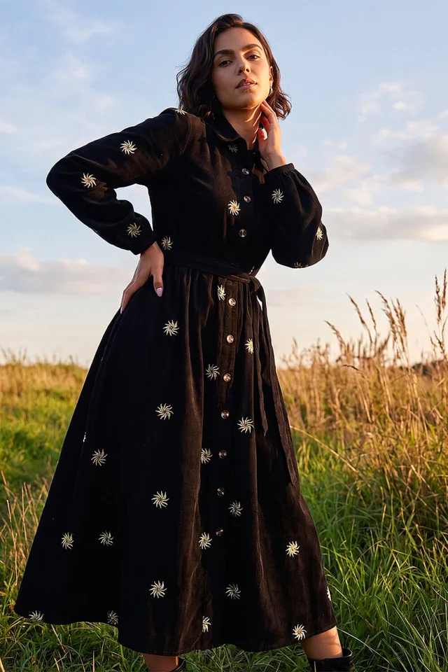 Roman Black Embroidered Cord Button Midi Dress
