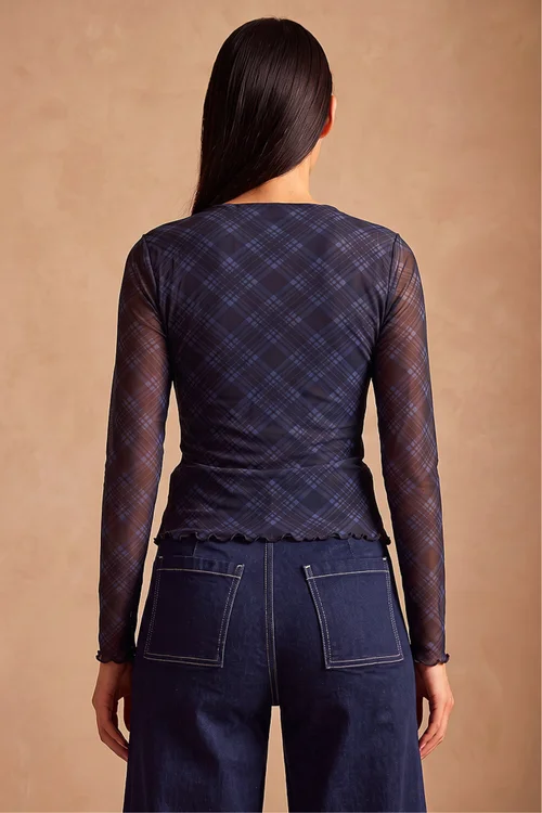 Dusk Steel Blue Bow Detail Check Top - 18 Image 3