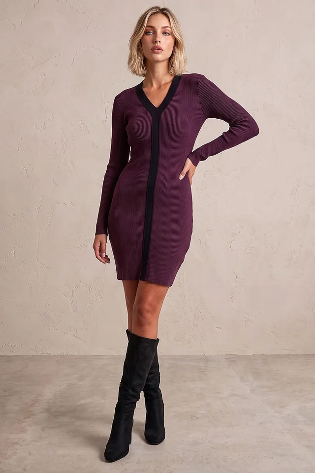 Roman Plum Contrast Knitted Dress