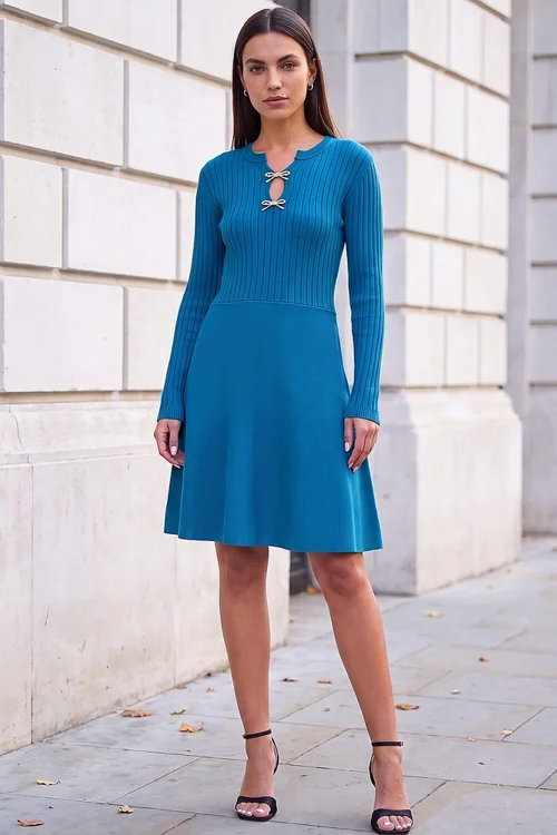 Roman Teal Metal Bow Keyhole Knit Dress - 12 Image 2