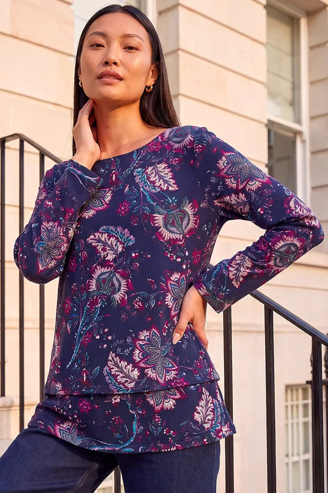 Roman Navy Floral Double Layer Top