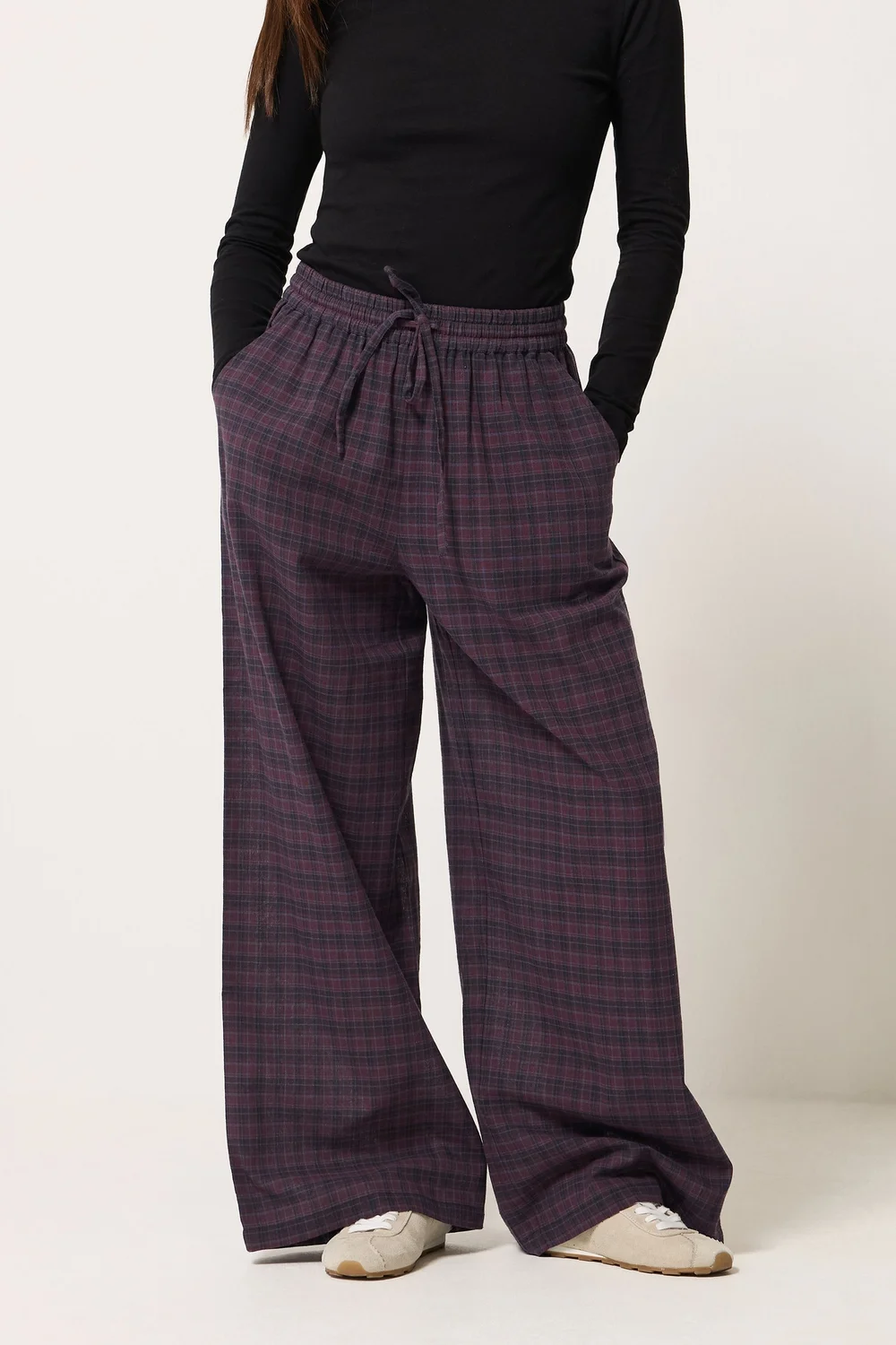 PixieGirl Petite Burgundy Red Brushed Check Wide Leg Trousers - 6 Image 3