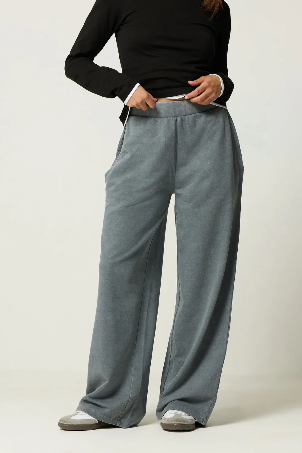 PixieGirl Petite Grey Acid Wash Wide Leg Stretch Joggers - 16/L27 Image 1