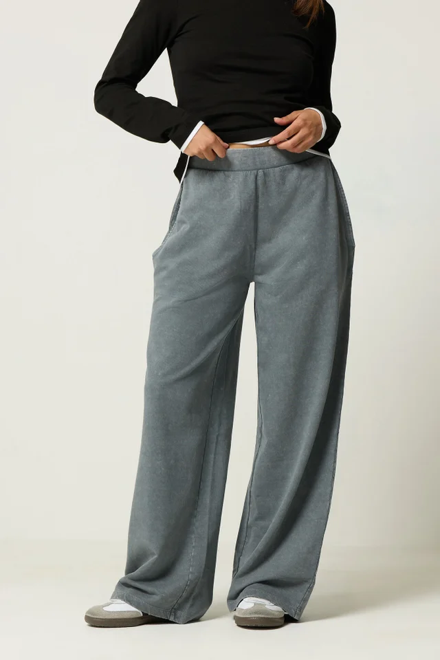 PixieGirl Petite Grey Acid Wash Wide Leg Stretch Joggers