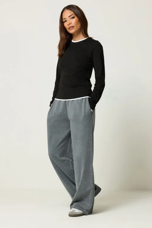 PixieGirl Petite Grey Acid Wash Wide Leg Stretch Joggers - 16/L27 Image 2