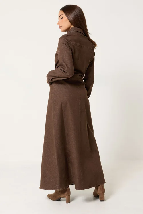 PixieGirl Petite Chocolate Brown Denim Maxi Dress - 18 Image 3