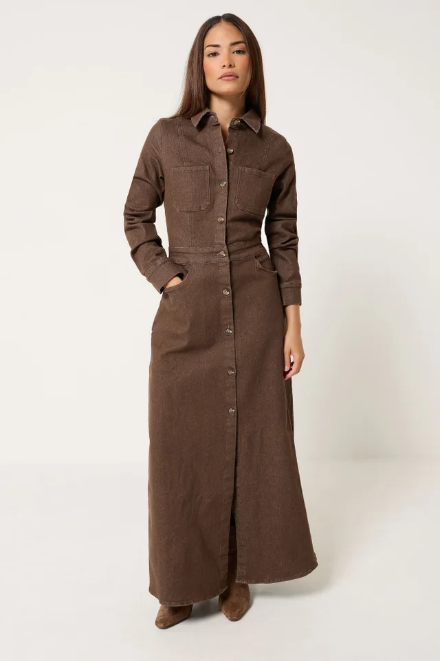 PixieGirl Petite Chocolate Brown Denim Maxi Dress