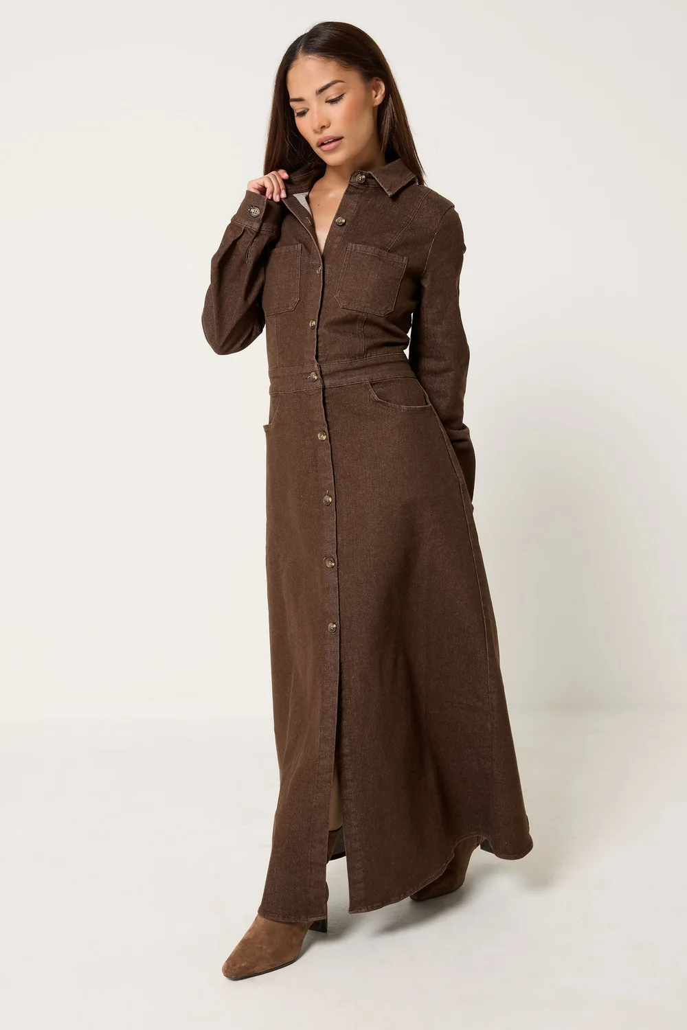 PixieGirl Petite Chocolate Brown Denim Maxi Dress - 18 Image 2