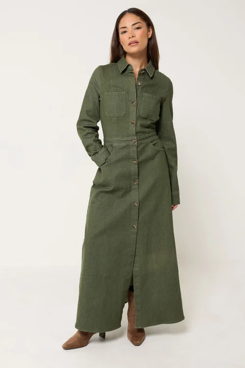 PixieGirl Petite Olive Green Denim Maxi Dress - 18 Image 2
