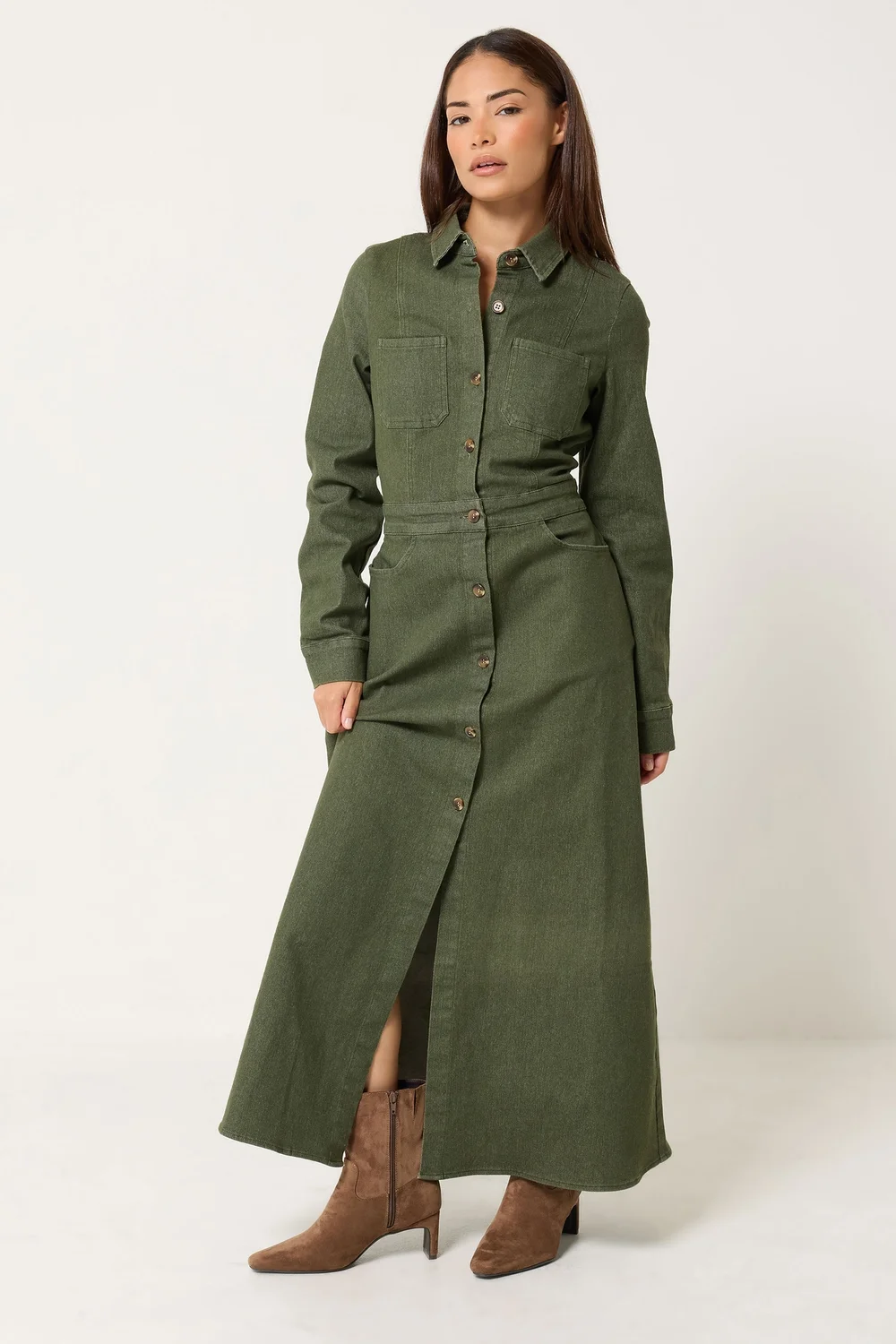 PixieGirl Petite Olive Green Denim Maxi Dress - 18 Image 1