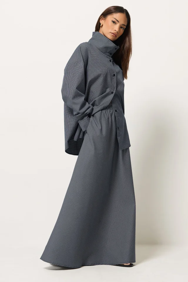 PixieGirl Petite Navy Blue Gingham Cotton Funnel Neck Shirt & Maxi Skirt