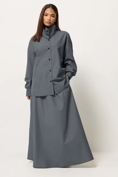 PixieGirl Petite Navy Blue Gingham Cotton Funnel Neck Shirt & Maxi Skirt - 16 Image 1